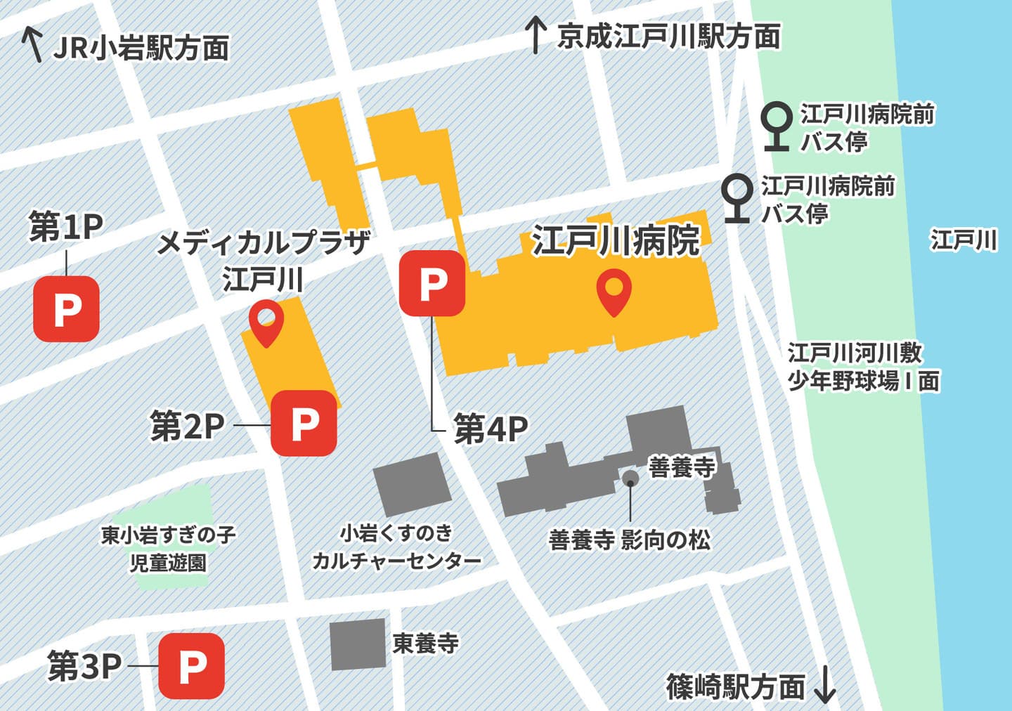 メディカルプラザ江戸川と江戸川病院への地図