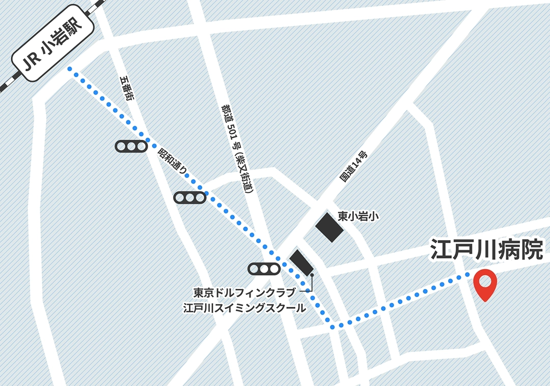 江戸川病院 JR小岩駅から徒歩のルートマップ